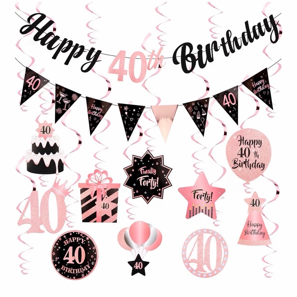 Pink Black 40th Birthday Party Decoration Set